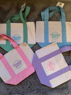 Trader Joe’s Pastel Mini- Canvas Tote Bag - Pink, Purple, Green, Blue set